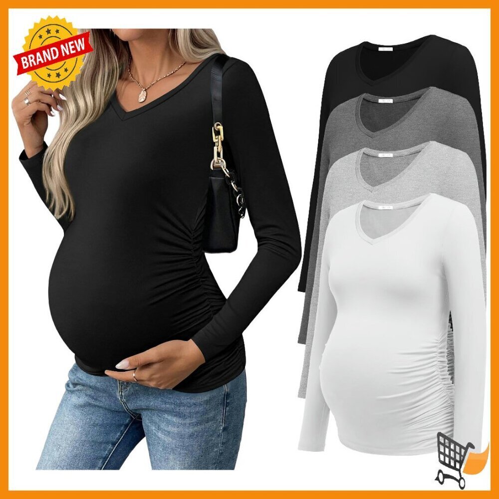 Maternity Long Sleeve V-Neck Tops 4 Pack Side Ruched Blouses S-XXL